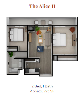 Floor plan for 2 beds, 1 bath, 773 sqft